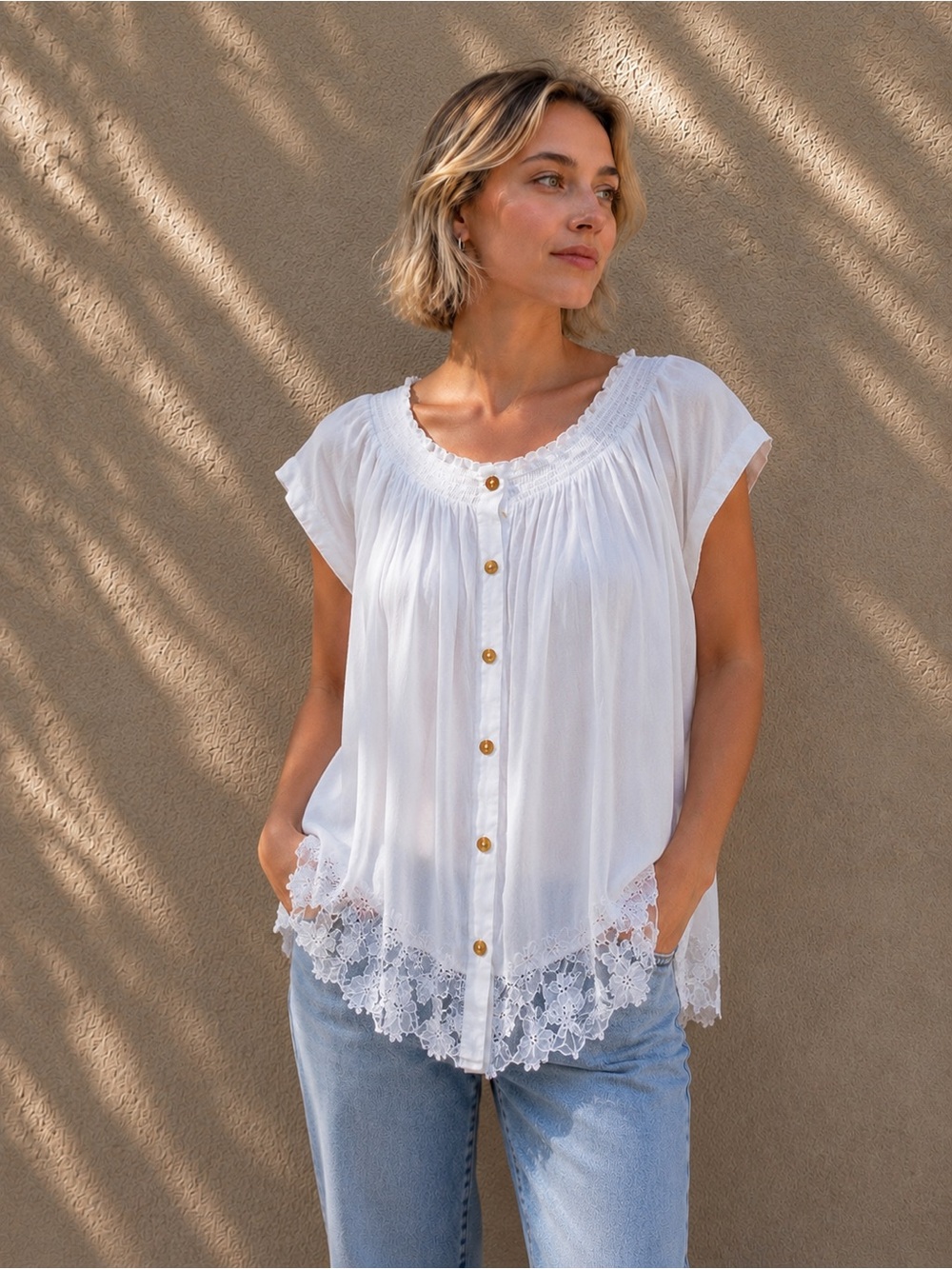 Alfani White Smocked Top with Tan Button